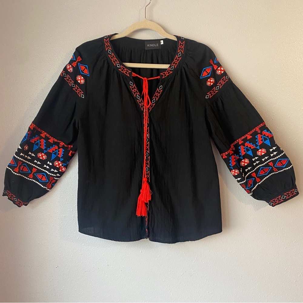 Black cotton embroidered aztec print top